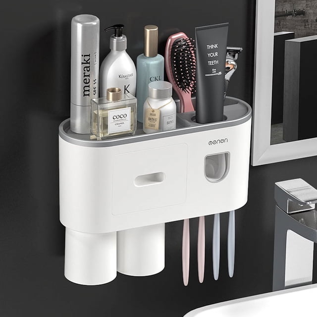 Distributeur Automatique de Dentifrice Kit de Presse Mural avec Support pour Brosse à Dents, 4 Fentes pour Brosse à Dents avec Couvercle, Organiseur de brosses à Dents Multifonction (2 Tasses)