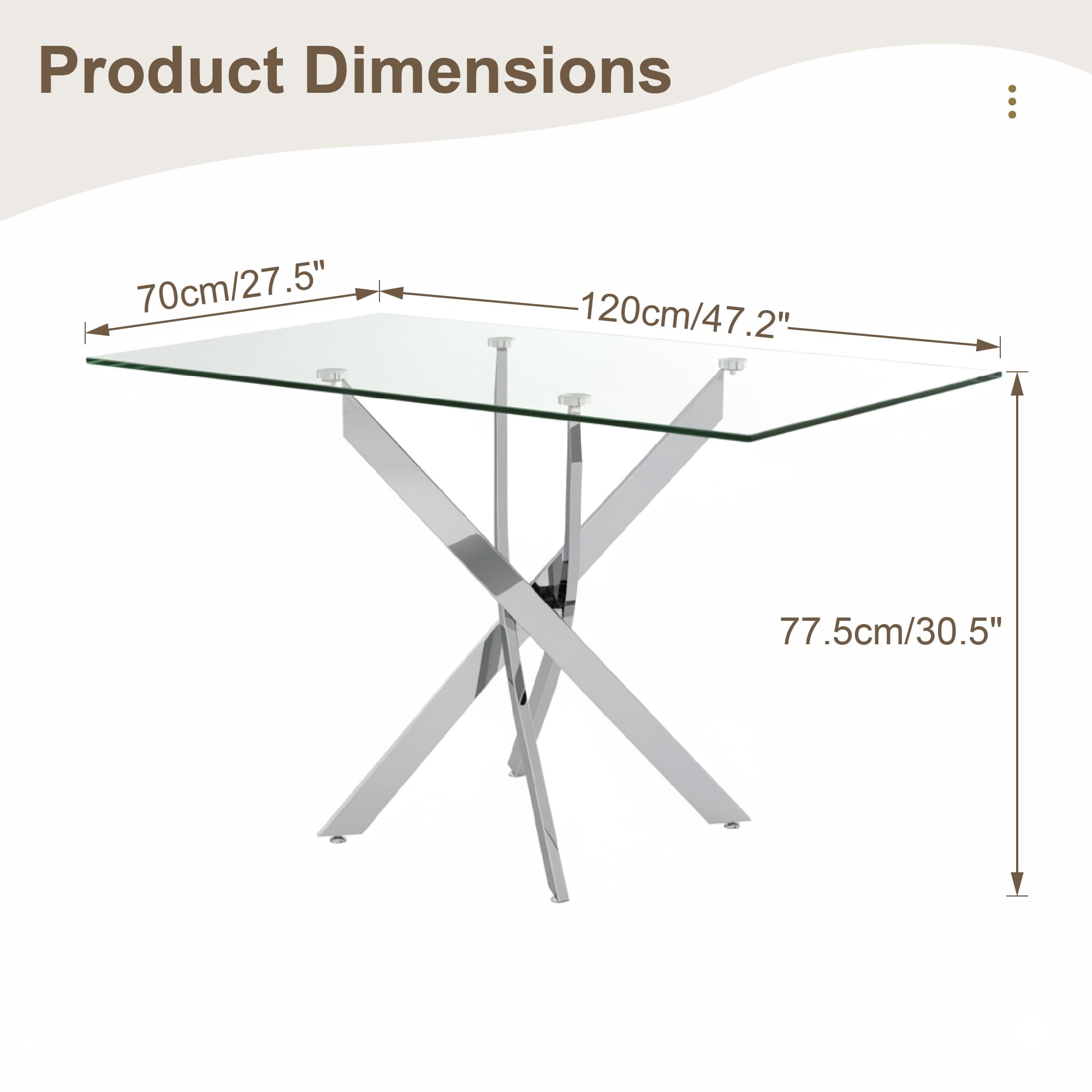 Garitin Dining Table and Rectangular Glass Top Kitchen Table 47.24 Inch, Modern Center Table with Silver Metal Legs for Dining Room, Silver