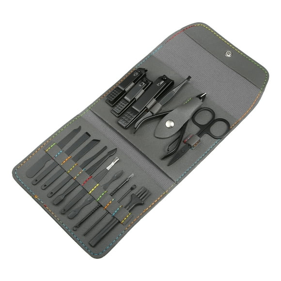 Juego de manicura 16uds Unique Bargains con estuche de cuero PU Gris y acero Inoxidable negro