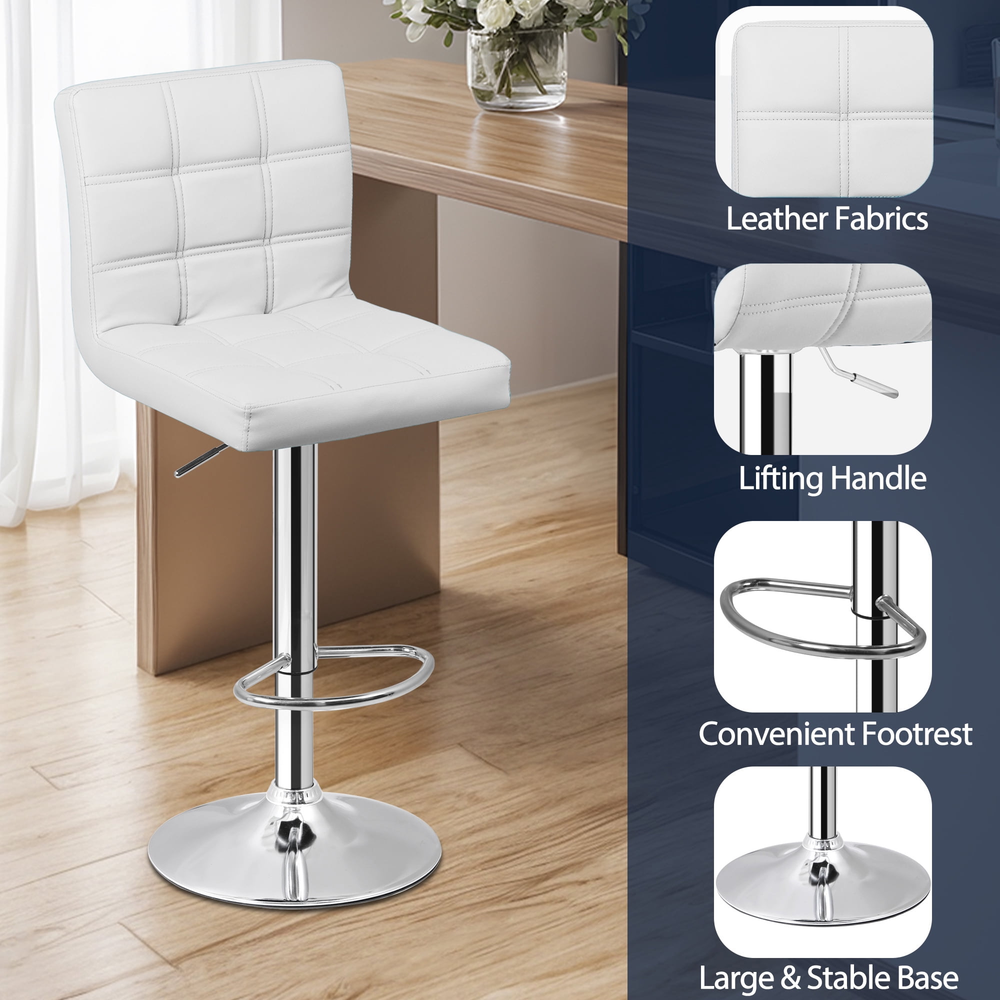 ZenSports Set of 4 Adjustable Stool W/Back - PU Leather Swivel Barstools Bar Kitchen Counter Stool White