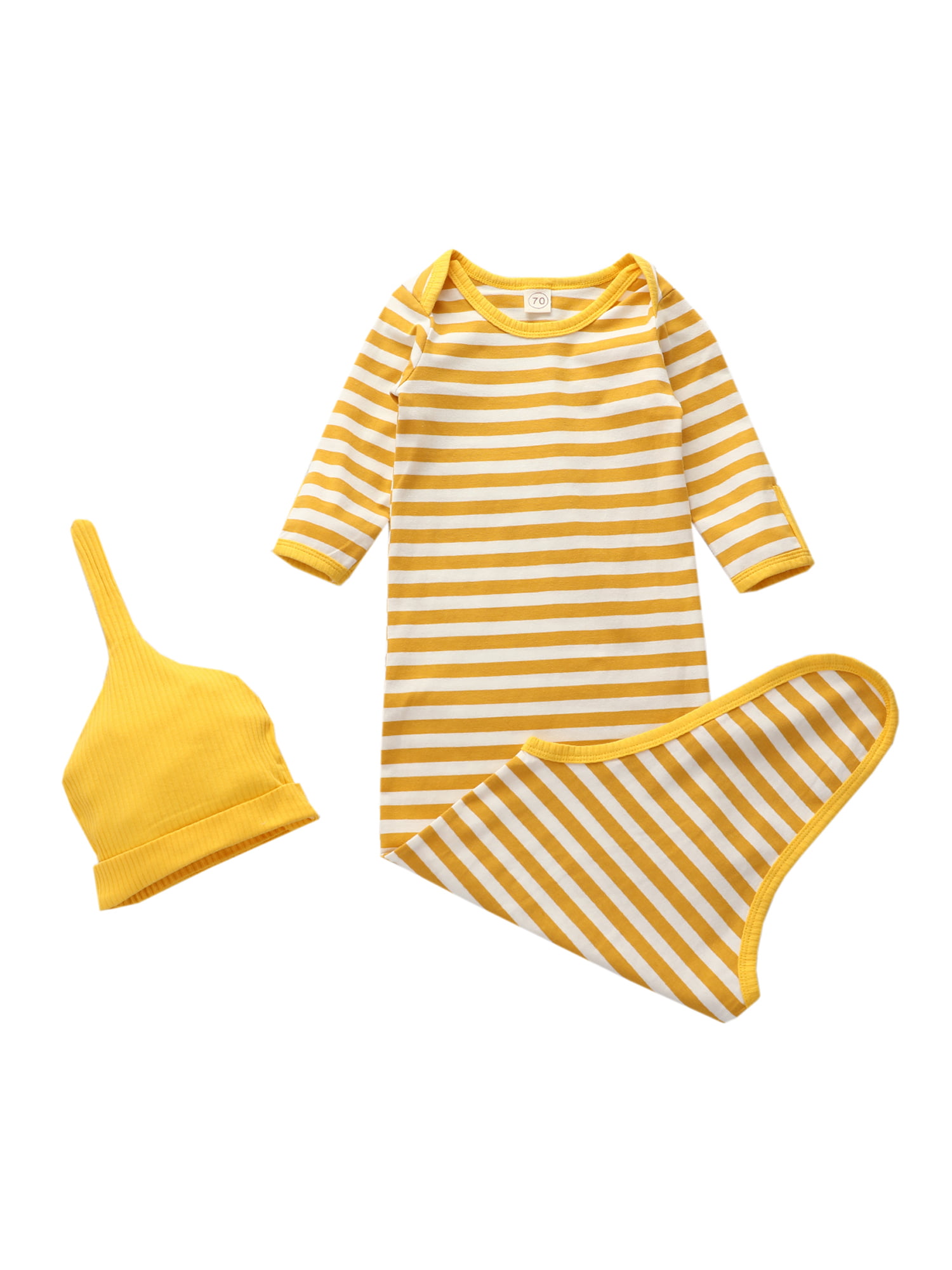 Newborn Unisex Baby Cotton Striped Sleepwear Nightgown & Headband Set Knotted Sleeping Bag