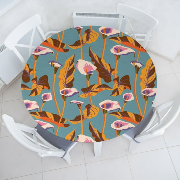 Ambesonne Flowers Boho Fitted Round Tablecloth, Abstract Calla Lilies, 56"- 60" Diameter, Cadet Blue Fuchsia Orange