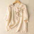 thumbnail image 4 of Women's Floral Embroidery Linen Shirts 3/4 Sleeve Round Neck Babydoll Tops Blouses, 4 of 6