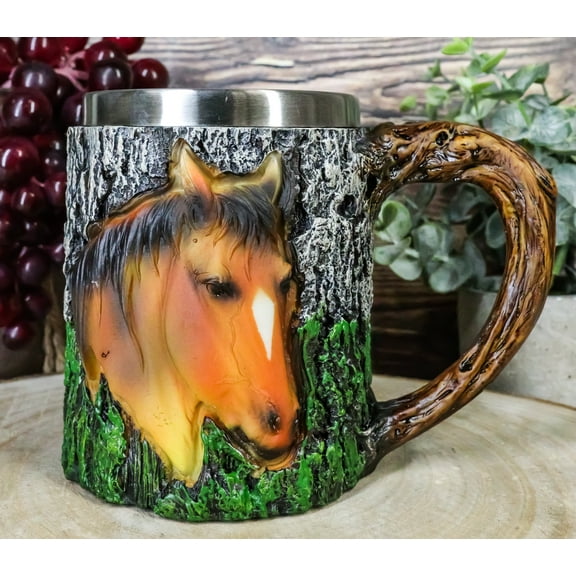Rustic Western Wildlife Brown Horse Coffee Mug Cup Faux Tree Bark Texture 12oz