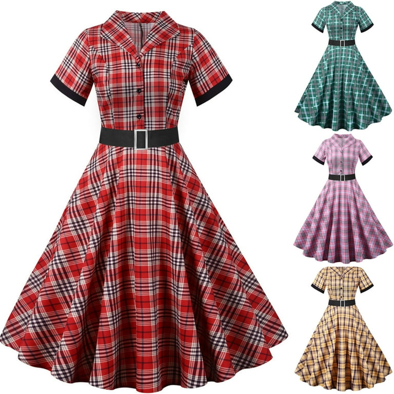 XFLWAM Plaid Cocktail Party Dress for Women's Lapel V Neck