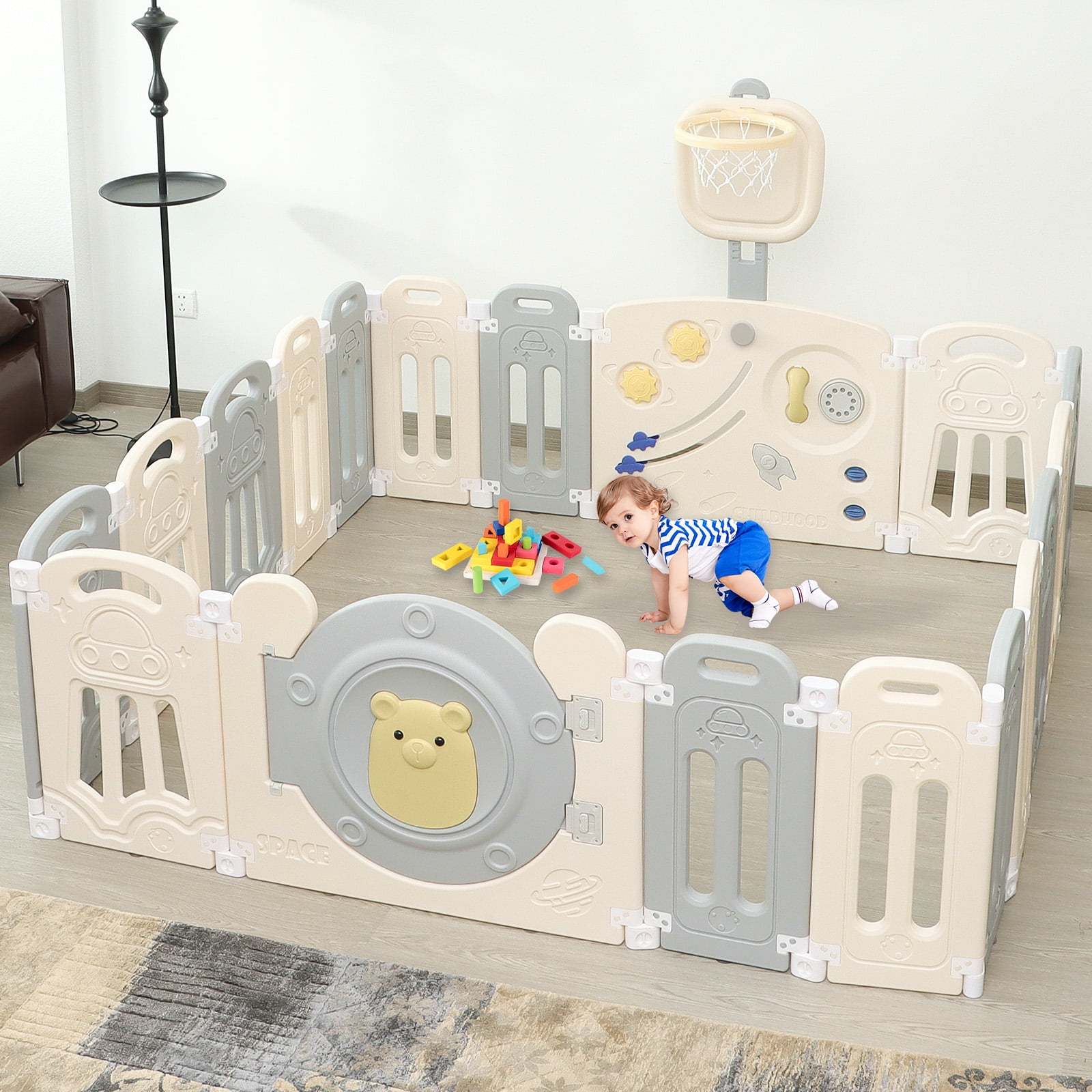 18-Panel Foldable Baby Playpen Equipped with Lock Gate and Adjustable Basketball Hoop Game Panel, Indoor Outdoor Safe Toddler Activity Fence, Gray White