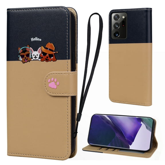 Cute Cartoon Wallet Phone Case for Samsung Galaxy Note 20 Ultra with Card Holder Soft PU Leather Kickstand Cover for Men and Women Magnetic Shockproof Protective with Lanyard, Khaki
