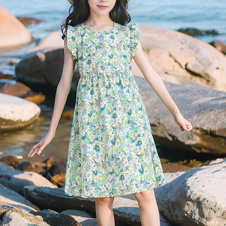 Shoper Spring Dresses for Girls 14-16 Sleeveless Ruffled Floral Print Crew Neck Flowy Summer Dress Girls Back To School Dress Princess Dress Green 110