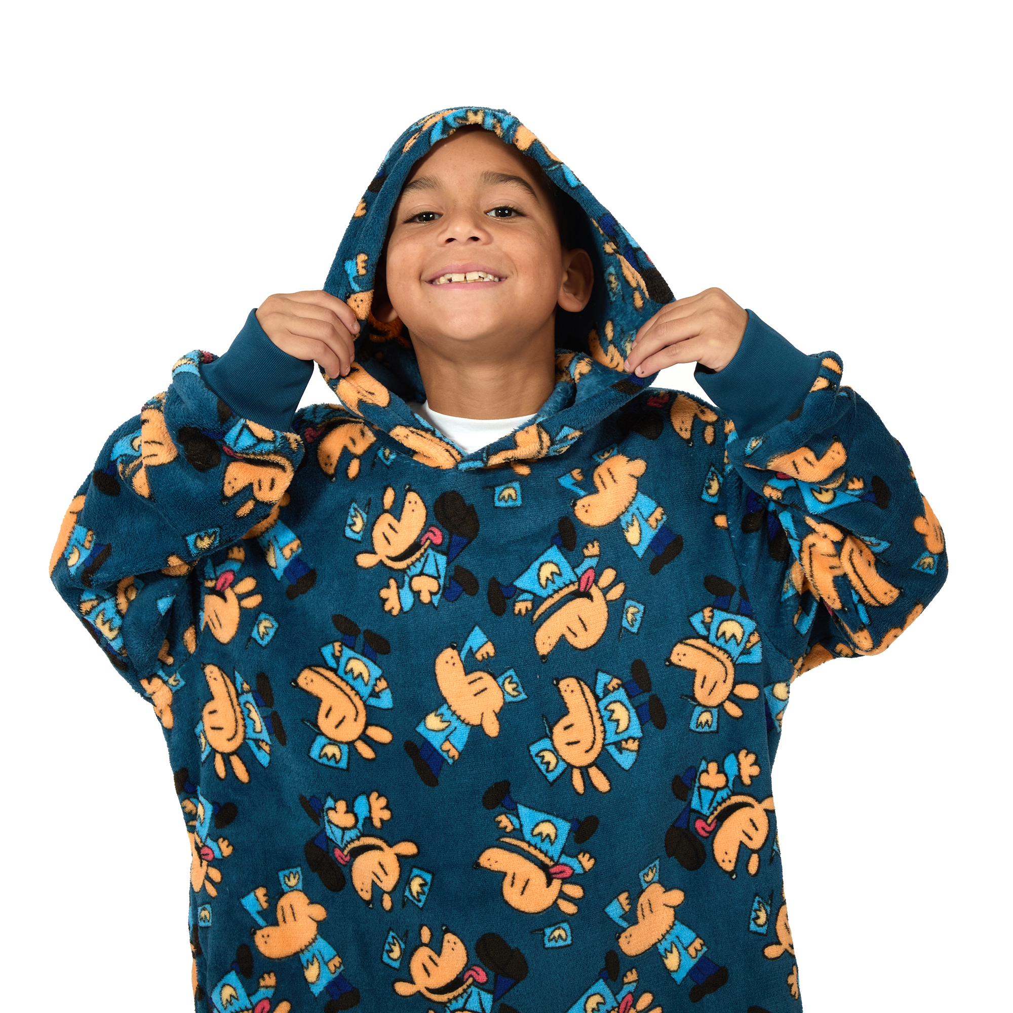 Dog Man All-Over Character Print Long Sleeve Boy's Blue Oversized Wearable Kids Hoodie Blanket-L/XL
