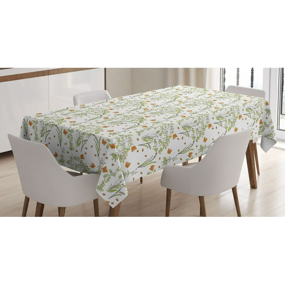 Spring Tablecloth, Butterflies Flying Flower Field Shabby Seasonal Flourish Pastel Petals, Rectangle Satin Table Cover for Dining Room and Kitchen, 60" X 84", Pale Green Dark Orange, by Ambesonne