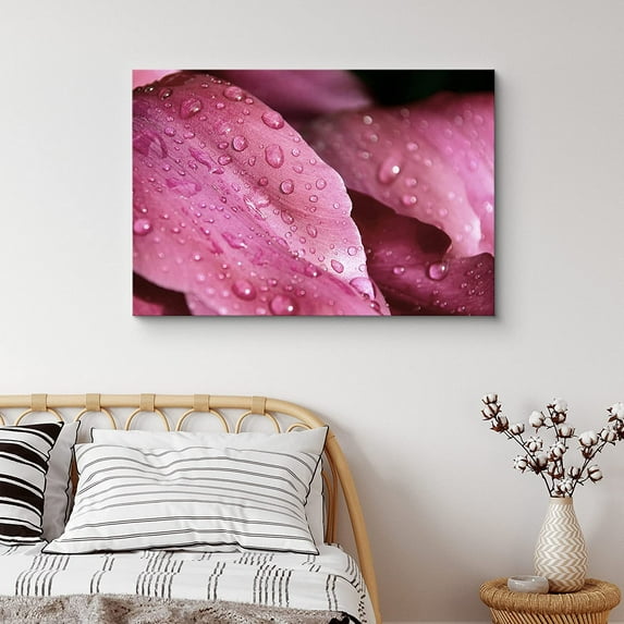 PixonSign Canvas Print Wall Art Pink Flower Petal Close-Up with Water Droplets Floral Wilderness Photography Realism Modern Colorful Multicolor Dark for Living Room, Bedroom, Office - 32"x48"