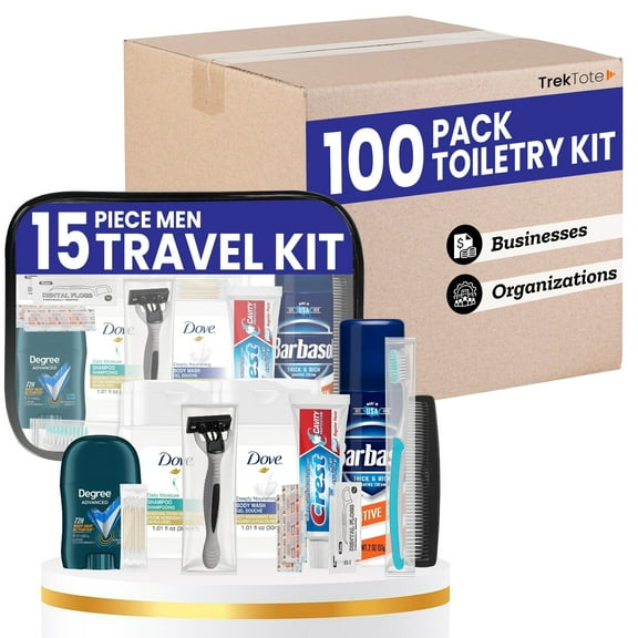 Trektote Bulk Hygiene Kit For Men (100 Pack) 15 Piece Set Of Travel Size Toiletries, TSA Compliant, Bulk Travel Essentials, Includes Shampoo And Conditioner, Shaving Cream, Toiletry Bag & More
