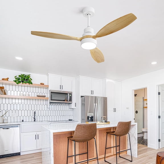 52-Inch Ceiling Fan with 3 Solid Wood Blades, LED Light and Remote Control, Reversible Quiet DC Motor, White and Light Brown, for Living Room, Bedroom, Office