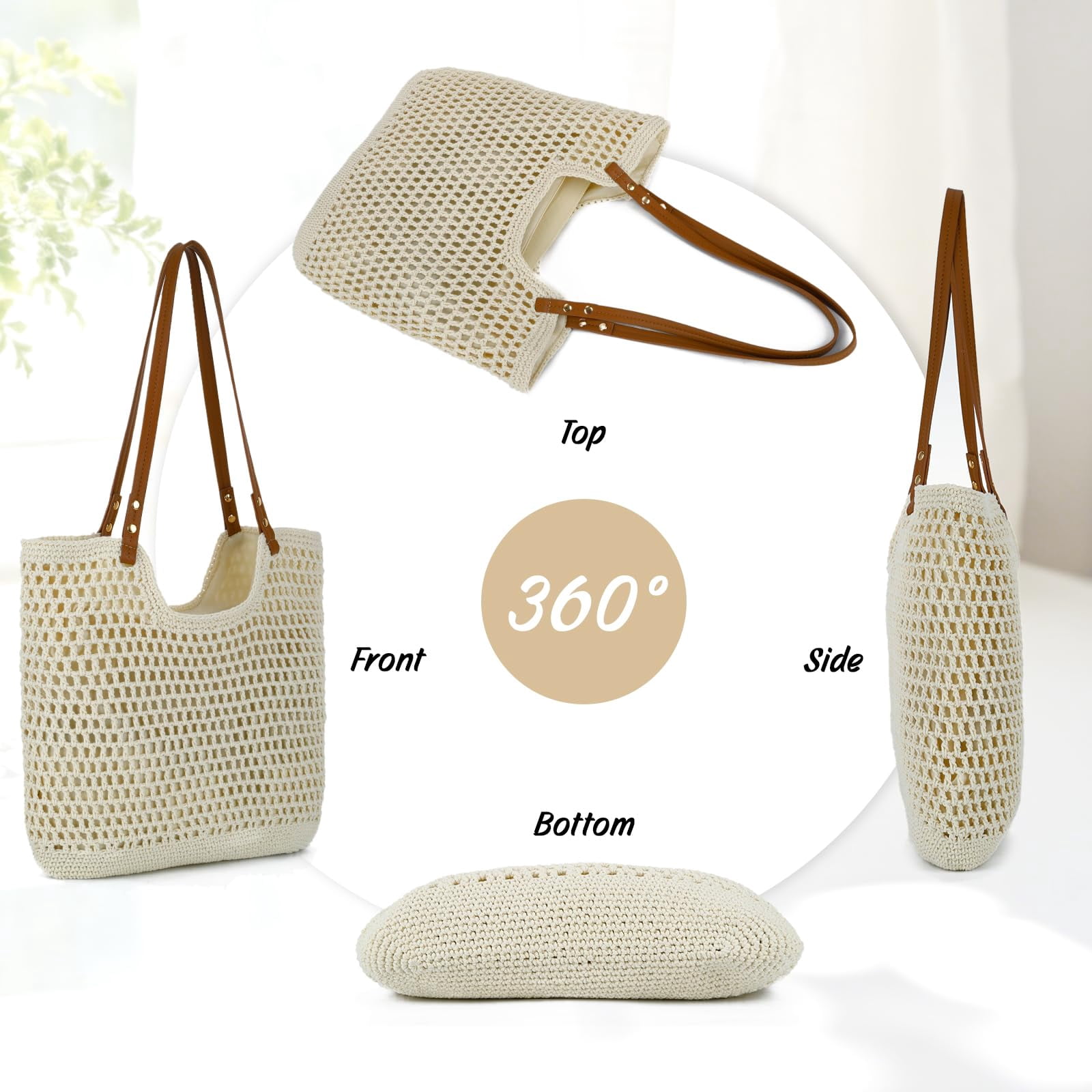 mirlewaiy Beach Bags for Women Woven Crochet Summer Purse 2026 | Boho Tote Bag, 13.8" Large Capacity, Tote Bag with Zipper, Foldable Packable, Beach Shipping, Vacation Purse