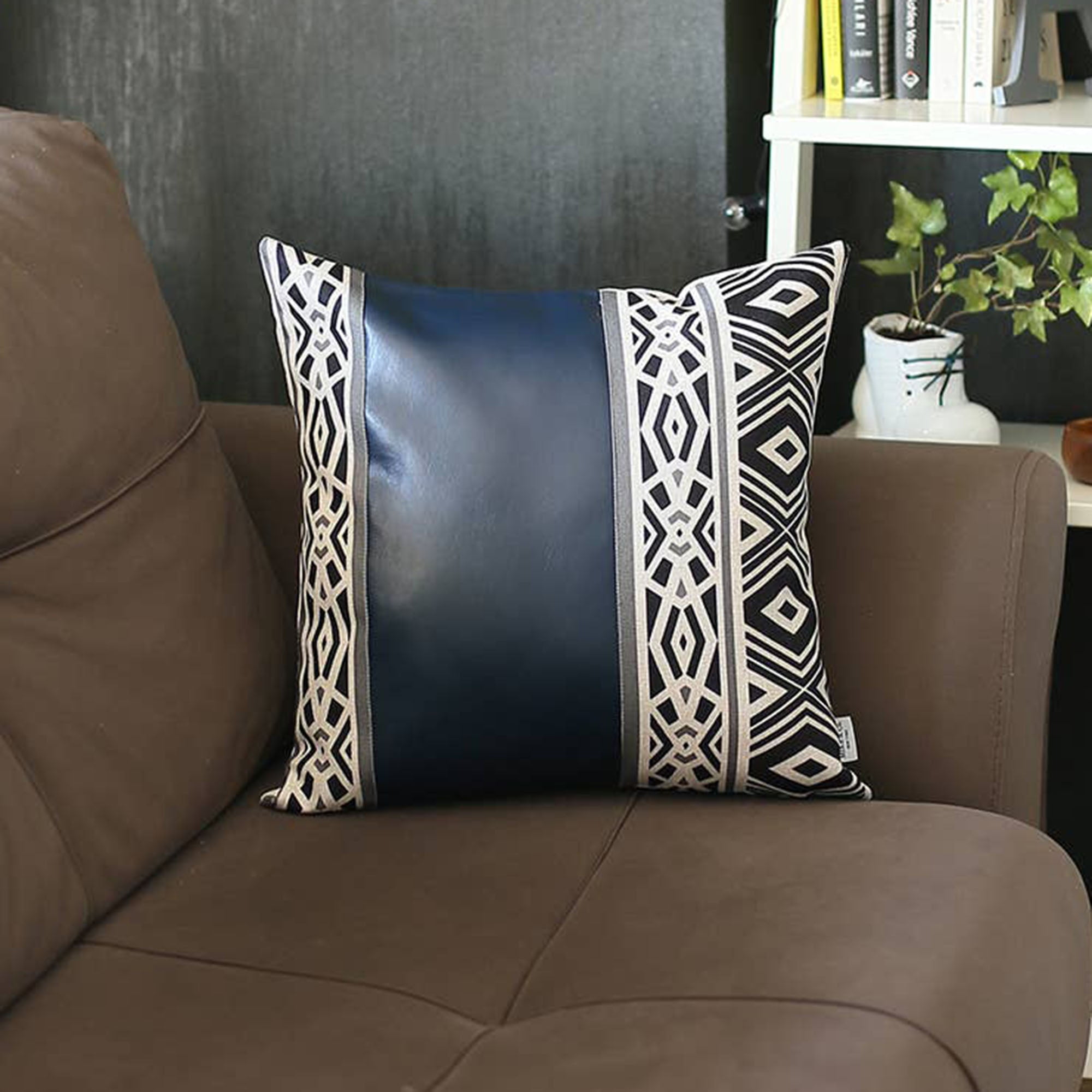 Navy Blue and Ivory Geometric Faux Leather Throw Pillow Cover 17" x 17"