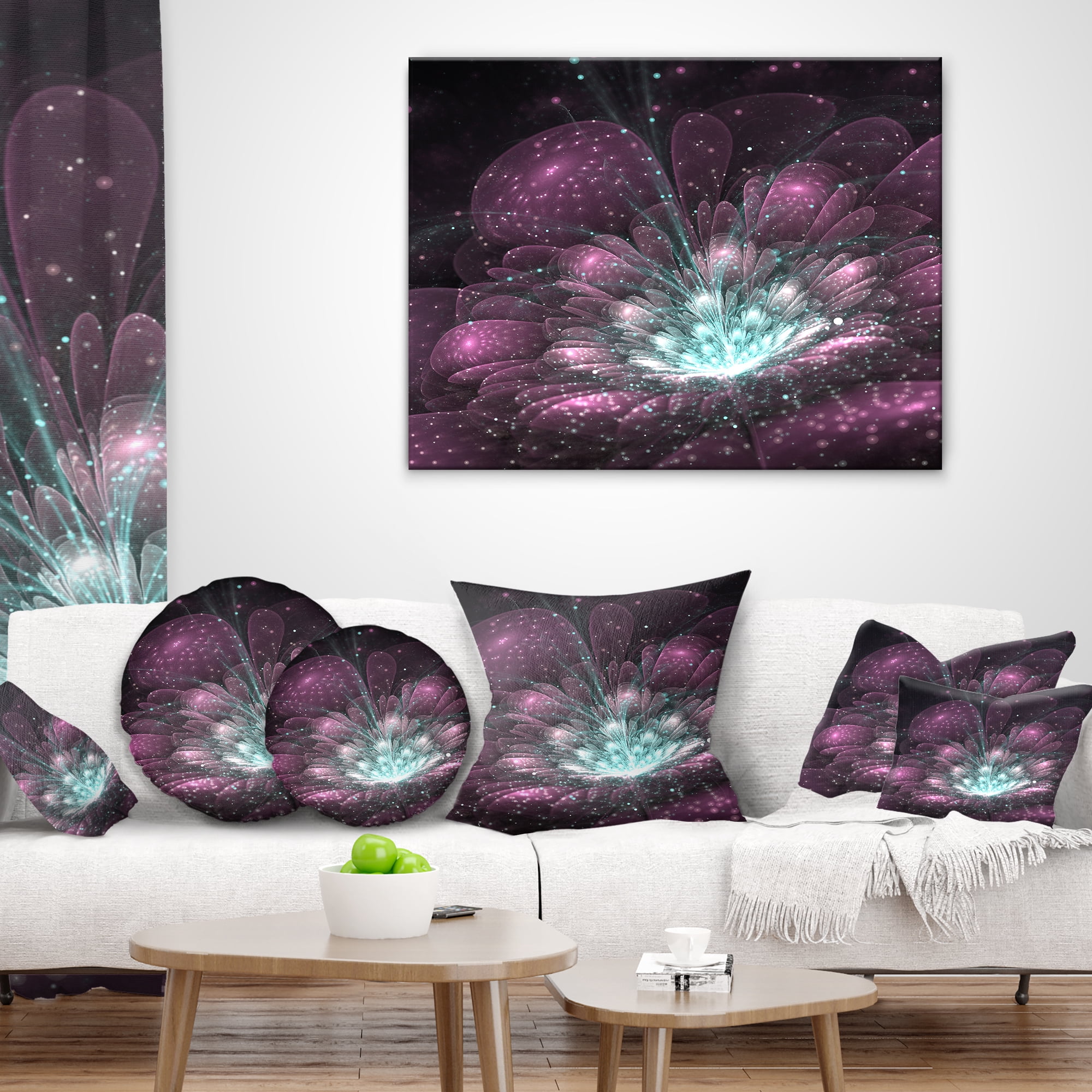 Designart Purple Fractal Flower - Modern Floral Throw Pillow - 16x16