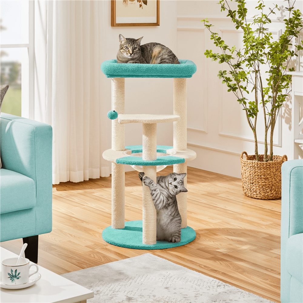 Alden Design 35.5″H Ocean Cat Tree with Padded Perch Natural Sisal for Kittens, Indigo/Beige