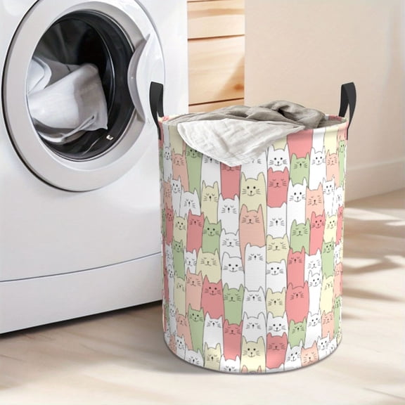 Pink small cat foldable laundry basket, round large-capacity 16.5x13.8-inch fabric basket, made of durable Oxford fabric, large-capacity laundry basket suitable for storing in bedrooms and bathrooms