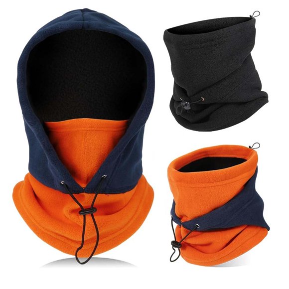 QKURT Lot de 2 Cagoules Coupe-Vent Masque de Ski Capuche en Molleton Thermique Hiver Usage Polyvalent Masque Facial Unisexe Couvre-Visage Chaud&Respirant Cache-Cou Épais pour Sports de Plein Air en Hiver (Noir et Orange)