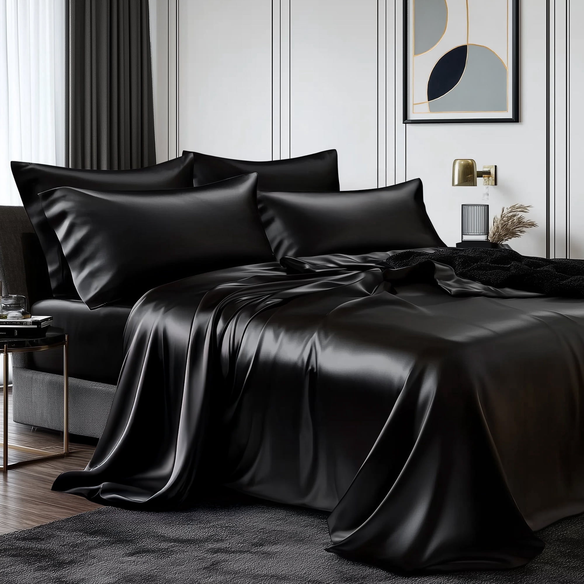 Breynko Satin Sheets Queen Silk Sheets Black Bed Sheet Set,4 Pieces 1800 Microfiber 2 Pillowcase 20"x30"