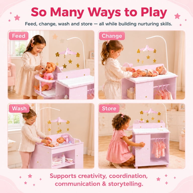 Teamson Kids Wooden Doll Changing Station, Lilac/White, Compact