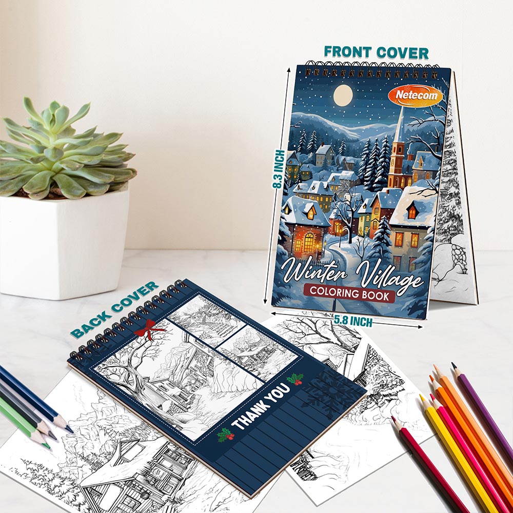 Netecom Winter Village Coloring Book Spiral Bound for Adults, A5 Wooden Cover, 30 Serene Coloring Pages of Cozy Winter Villages for Stress Relief and Relaxation