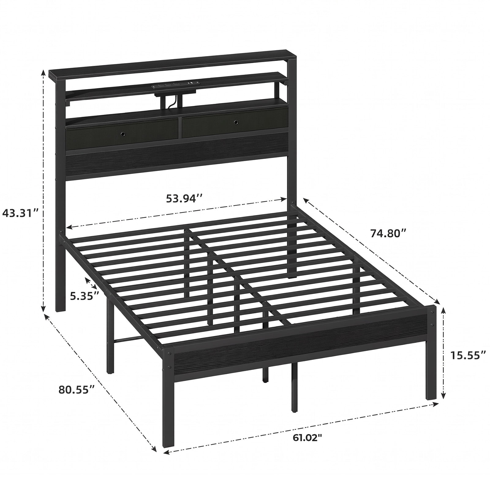 Alvantor Bed Frame with Storage Headboard, Sturdy Metal Platform Bed Frame with LED Lights and Charging Station, Easy Assembly, No Box Spring Needed, Noise Free