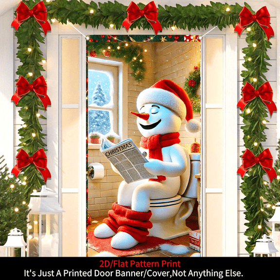 1 piece, 2D flat banner, Christmas door cover decoration banner, funny snowman in the toilet pattern banner background, winter Christmas party supplies, home decoration, suitable for indoor and outdo