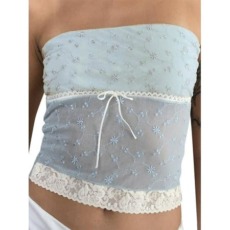 

Licupiee Women Fairy Lace Strapless Tube Top 2000s Cute Sleeveless Off Shoulder Bustier Crop Tops Aesthetic Streetwear