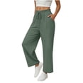 thumbnail image 5 of Women's Cotton Loose Straight Elastic Waist Pants with Pockets for Women, Mid Waisted Double Pocket Casual Long Trousers, Lounge Business Casual Outdoor Wear Womens | VerBelle,Army Green L, 5 of 7