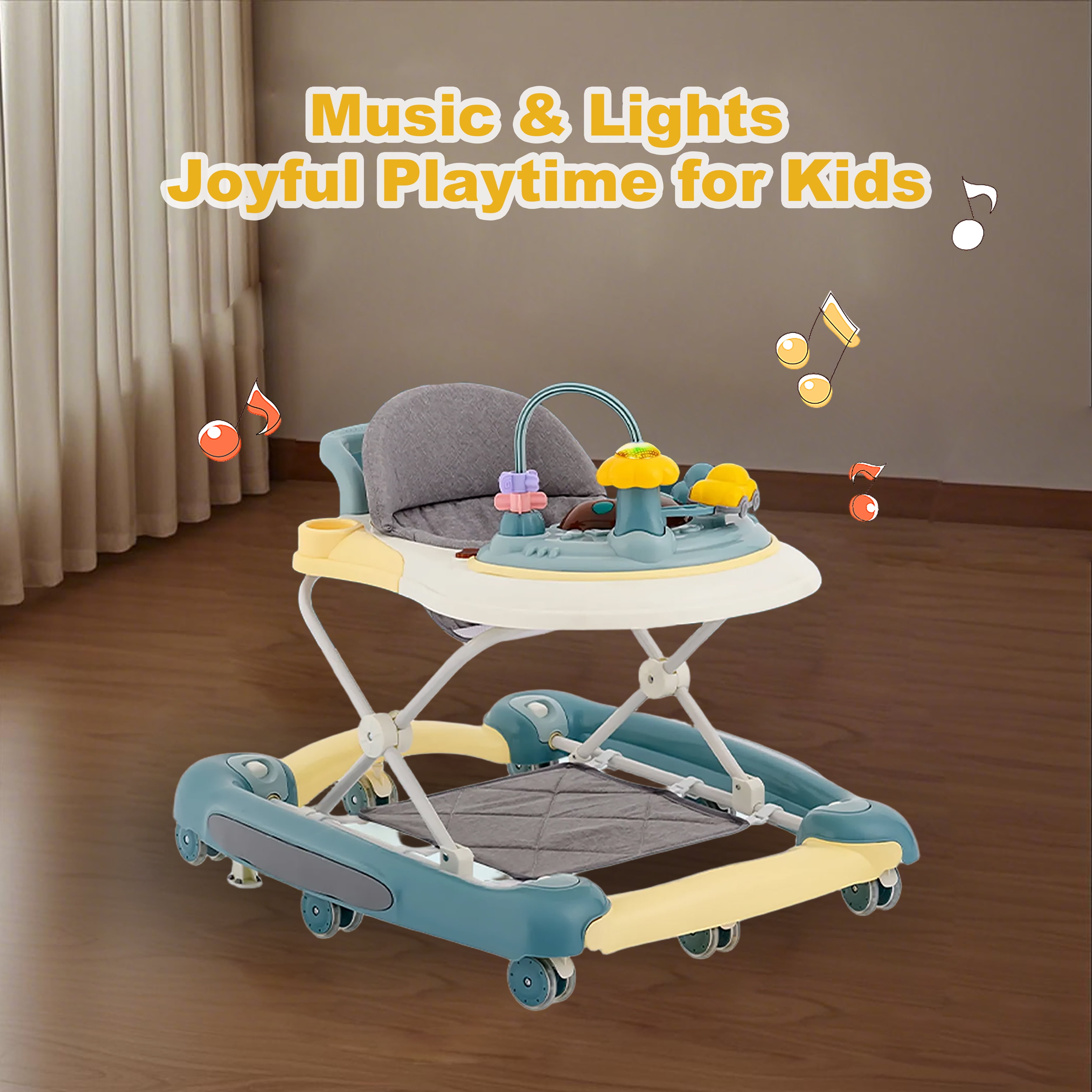 KFeng 4-in-1 Foldable Baby Walker with Toy Tray,3-Level Height Adjustable,Wheels,for Infants 6-24 Months (Dark Green)