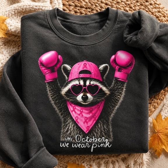 Breast Cancer Awareness Shirt, In October We Wear Pink Raccoon Sweatshirt, Pink Ribbon Support Gift, Cancer Survivor Hoodie and T-Shirt, Gift for Women