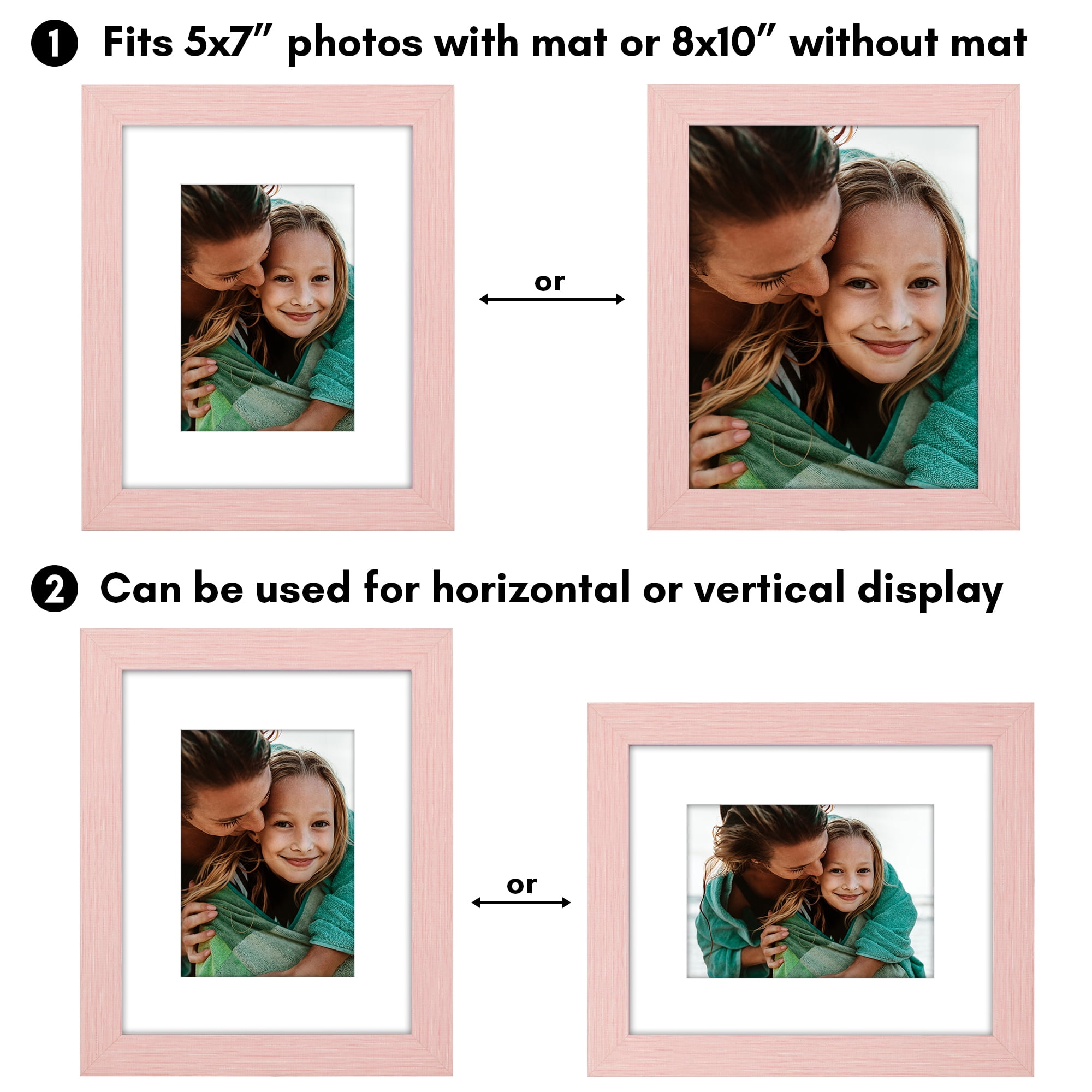 Americanflat 8x10 Picture Frame with Shatter-Resistant Glass Fits 5x7 with Mat Display Photo Hudson Distressed - Pink