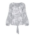 thumbnail image 3 of QELUSQELUS Women Lantern Long Sleeve V Neck Tie Knot Tie-dye Chiffon Outside Tops, 3 of 4