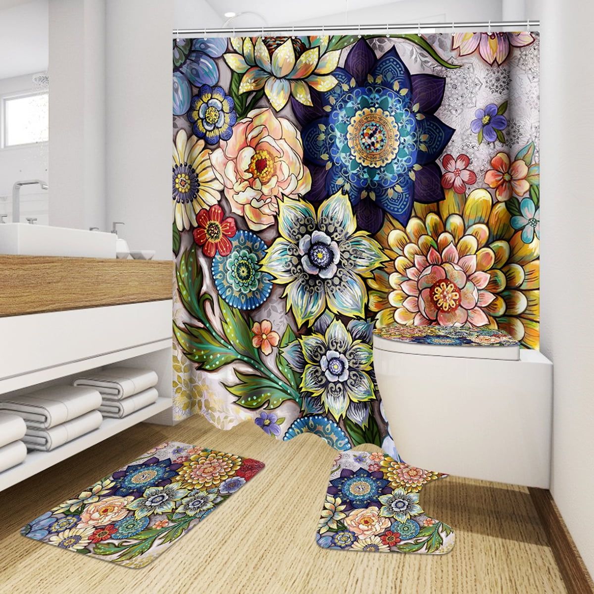 71" Death Beautiful Skull Flowers Shower Curtain Liner Waterproof Bath Mat Hooks 