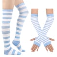 thumbnail image 2 of Resicozy 2 Pcs Women Striped Thigh High Socks Knitted Arm Warmers Set Soft Stretchy Socks Long Striped Leg Warmers for Work Daily Travel White & Blue, 2 of 3