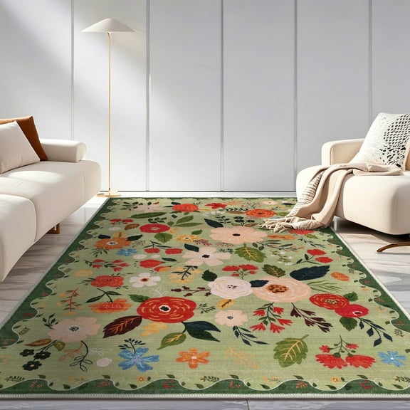 5x7 ft Living Room Area Rug Machine Washable Boho Area Rug Non Slip Floral Vintage Low Pile Large Rug for Living Room, Bedroom, Farmhouse, Dining Room, Kids Playroom