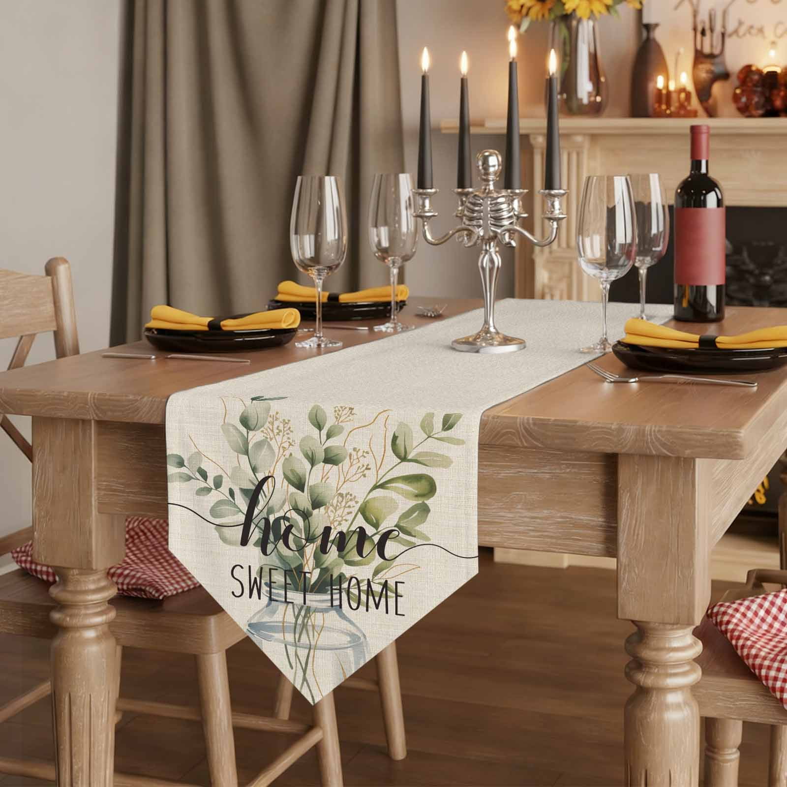 Spring Eucalyptus Leaves Table Runner Linen Burlap Table Runner 72 Inches Long Farmhouse Vintage Botanical Dresser Scarves for Kitchen Island Coffee Dining Room Party Wedding Holiday Decor 16"x72"