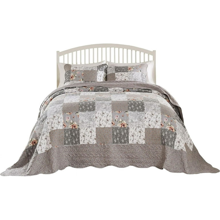 Barefoot Bungalow Giulia Modern Floral Quilted Bedspread Set - 3-Piece Jumbo Queen, Gray