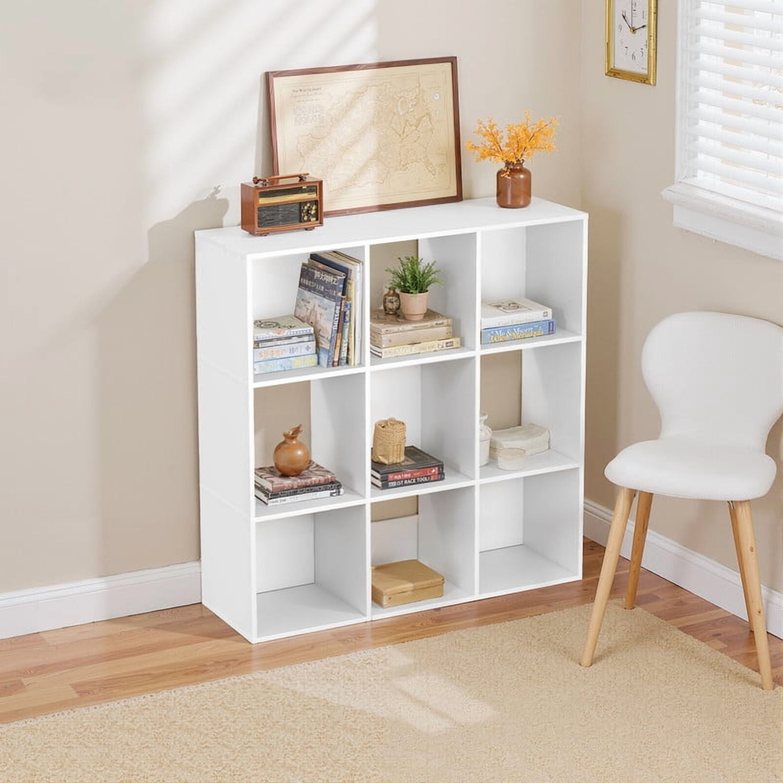 TINKLE WELL 9-Cube Storage Shelf Organizer, Bookcase with Removable Back Panels, Adjustable White Wood Bookcase for Living Room, Home Office, White