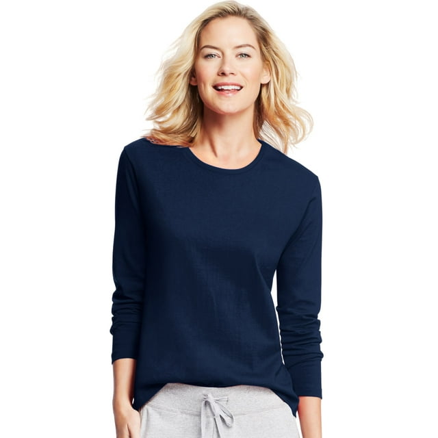 Hanes T-Shirt Col Rond à Manches Longues pour Femmes, G, Marine