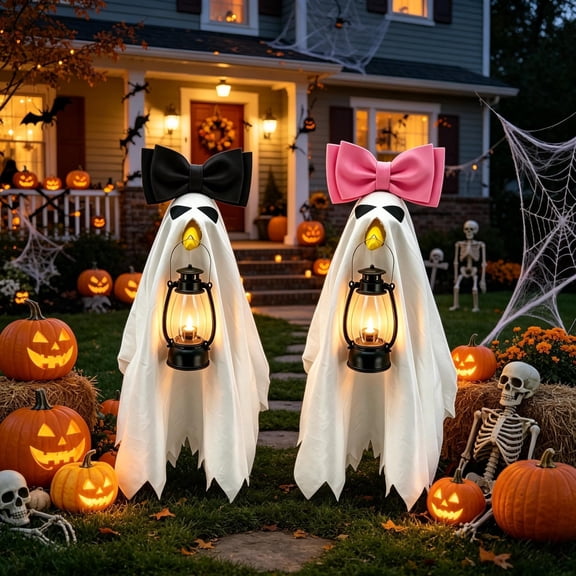 Halloween Ghost Themed Porch Goose Outfit Set with LED Lantern and Bow for 23 Inch Lawn Goose Statues Spooky Front Porch Holiday Decor