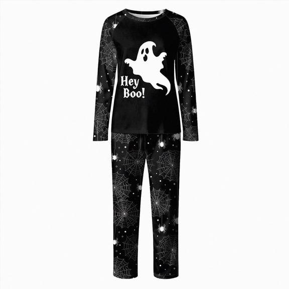 Family Matching Pajamas Halloween Pumpkin Print Long Sleeve Crewneck Tops and Pant Set for Men/Women/Kids/Baby Satin 2 Pcs Sleepwear- Woman