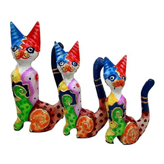 Balikraft Hand Made Wood Artisans "Kucing Warna" Bright Sunny Feline Cats Family Set of 3 Decorative Figurines 8.5"H