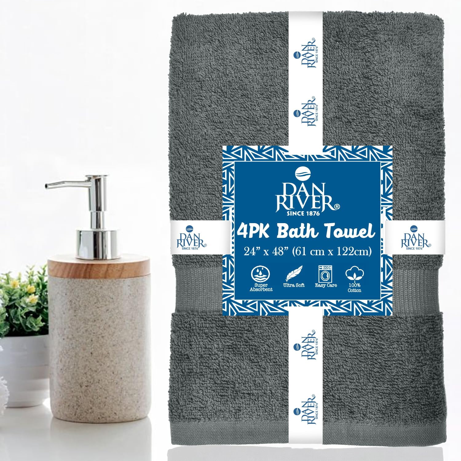 Dan River Bath Towel 6 pack 24x48 in Ultra Soft Quick Drying Cotton Towel - Gray