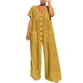 thumbnail image 3 of QATAINLAV Women's Oversized Jumpsuits Short Sleeve Button V Neck Overalls Baggy Wide Leg Onesie Pants Jumpers with Pocket, Yellow, XXL, 3 of 7
