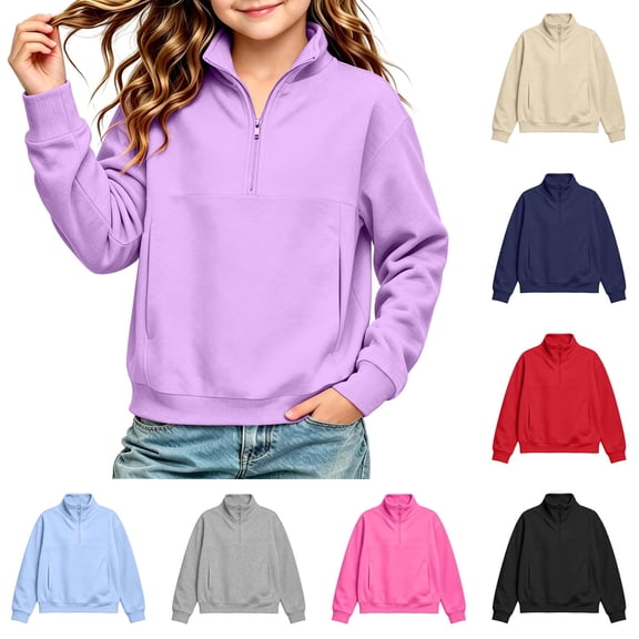 ZBSOKO Girls' Sweatshirts Quarter Zip Pullover Warm Sweatshirt Turn Down Collar Loose Fit Solid Color Winter Tops Sizes 5-15 Years