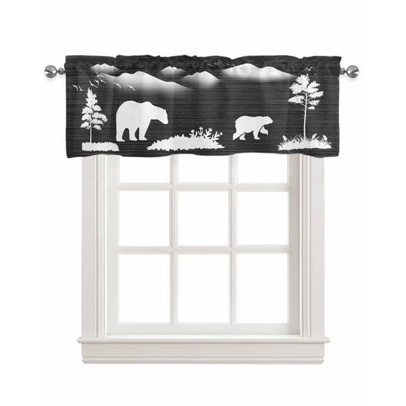 Bear Black Linen Curtain Valance for Bedroom/Bathroom/Kitchen/Living/Dining Room Window,Forest Animal Tree Birds Abstract Mountain White Pocket Topper Drapes Decorative Cafe Drapery Panel 42"x18"