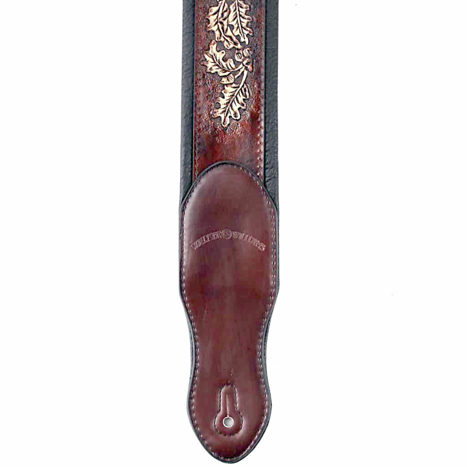 Walker & Williams KB-03-BRN Dark Walnut Brown Full Grain Center Block Carving Leather Padded Guitar Strap With American Eagle & Oak Leaves