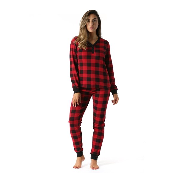 followme Buffalo Plaid 2 Piece Base Layer Thermal Underwear Set for Women 6372-10195-NEW-RED-XL